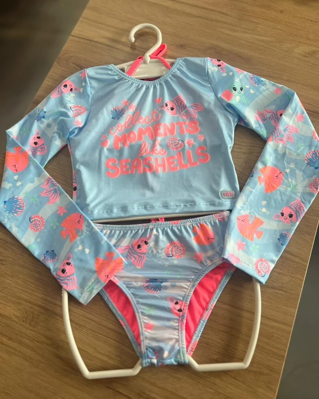 CONJUNTO BLUSA MANGA LONGA FUNDO DO MAR BIQUINI ALÇA AMARRAÇÃO PROTEÇÃO UV50+ E CALCINHA MENINA CINTI AZUL / 8