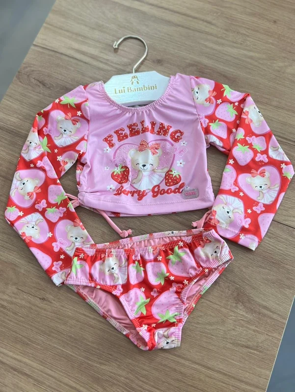 CONJUNTO BLUSA MANGA LONGA URSO STRASS MORANGO PROTEÇÃO UV50+ E CALCINHA MENINA CINTI Rosa / 12