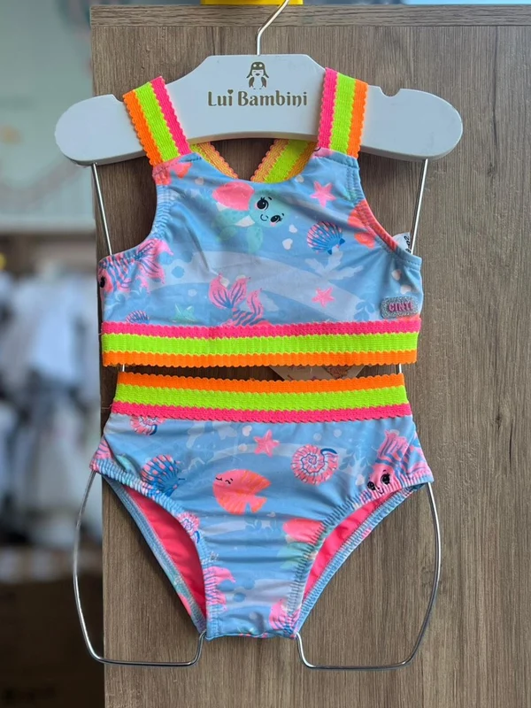 CONJUNTO BIQUINI ALÇA ELÁSTICO FUNDO DO MAR CONCHAS PROTEÇÃO UV50+ E CALCINHA MENINA CINTI AZUL / 2