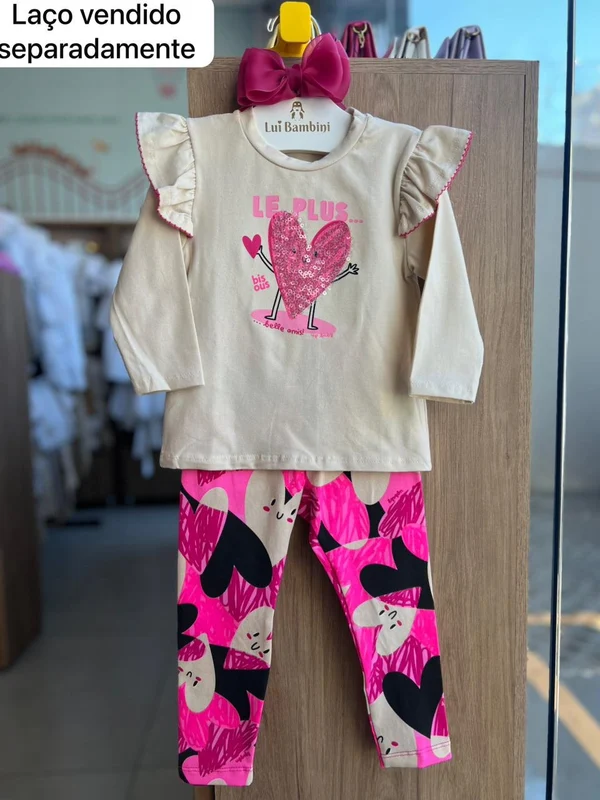 CONJUNTO BLUSA MANGA LONGA BABADO CORAÇÃO PAETE E CALÇA MENINA UP BABY BEGE/ROSA / 6