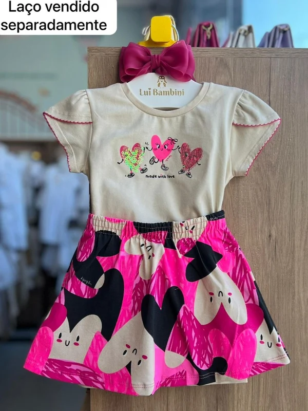CONJUNTO BLUSA MANGA CURTA CORAÇÕES TRIPLO E SAIA MENINA UP BABY BEGE/ROSA / 3