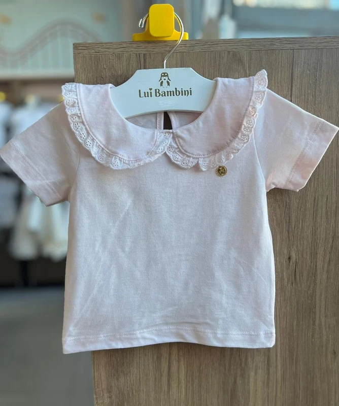 BLUSA MANGA CURTA GOLA BABADO RENDA PINGENTE MINIMALISTA MENINA UP BABY ROSA CLARO / 12