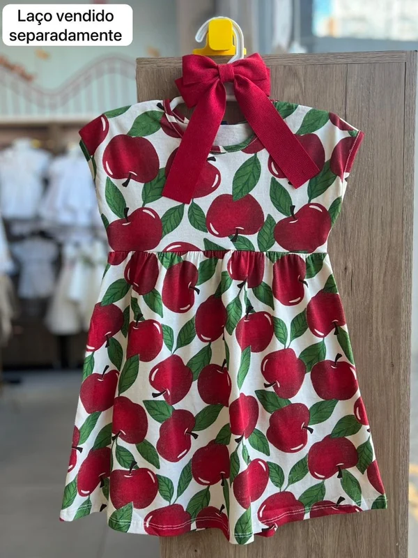 VESTIDO REGATA MEIA MALHA MAÇÃ FOLHAS FRUTAS MENINA BEE LOOP VERMELHO/BEGE / 4