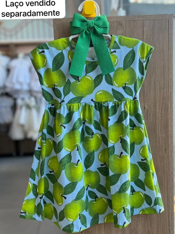 VESTIDO REGATA MEIA MALHA MAÇÃ FOLHAS FRUTAS MENINA BEE LOOP AZUL/VERDE / 4