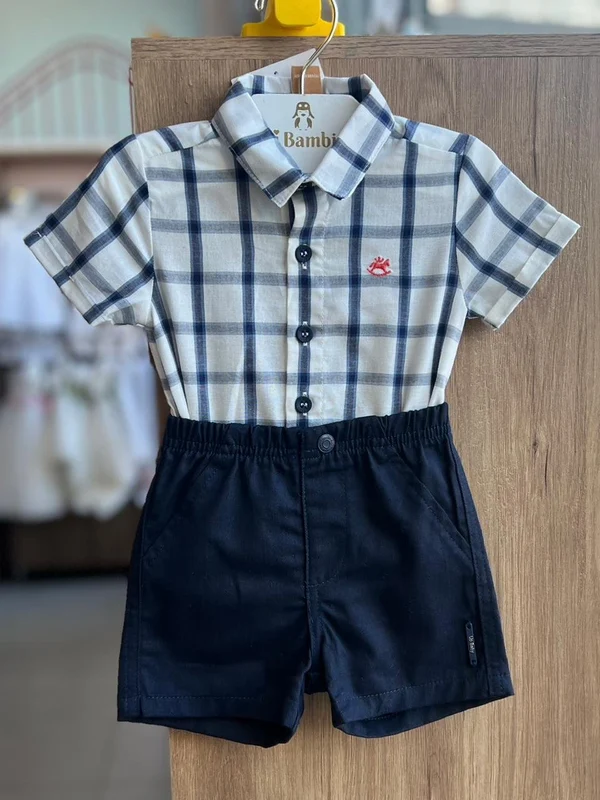 CONJUNTO BODY CAMISA MANGA CURTA XADREZ MINIMALISTA CAVALO E BERMUDA MENINO UP BABY OFF/AZUL ESCURO / 9-12M