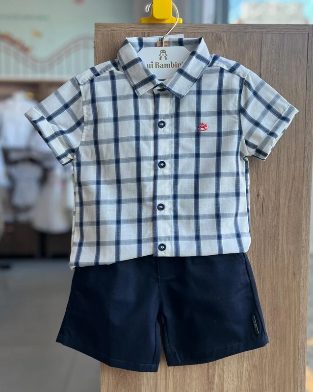 CONJUNTO CAMISA MANGA CURTA XADREZ MINIMALISTA CAVALO BORDADO E BERMUDA MENINO UP BABY BRANCO/AZUL ESCURO / 3