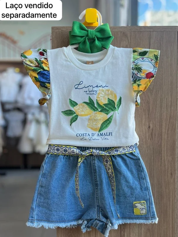 CONJUNTO BLUSA MANGA CURTA LIMÃO PAETES FLORES E SHORT JEANS MENINA UO BABY OFF/JEANS / 1