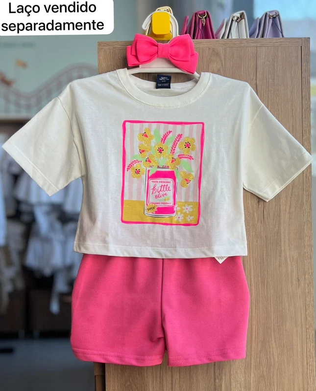 CONJUNTO BLUSA MANGA CURTA FLORES LITTLE OLIVE E SHORT MENINA BEE LOOP OFF/ROSA / 8