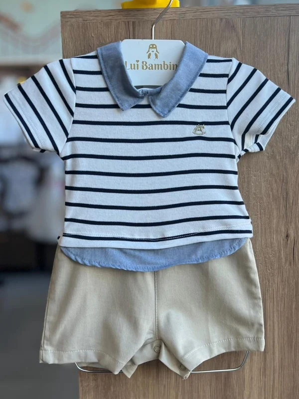 BODY CAMISA MANGA CURTA LISTRADO POLO MINIMALISTA BORDADO CAVALO MENINO UP BABY BRANCO/BEGE / 6-9M