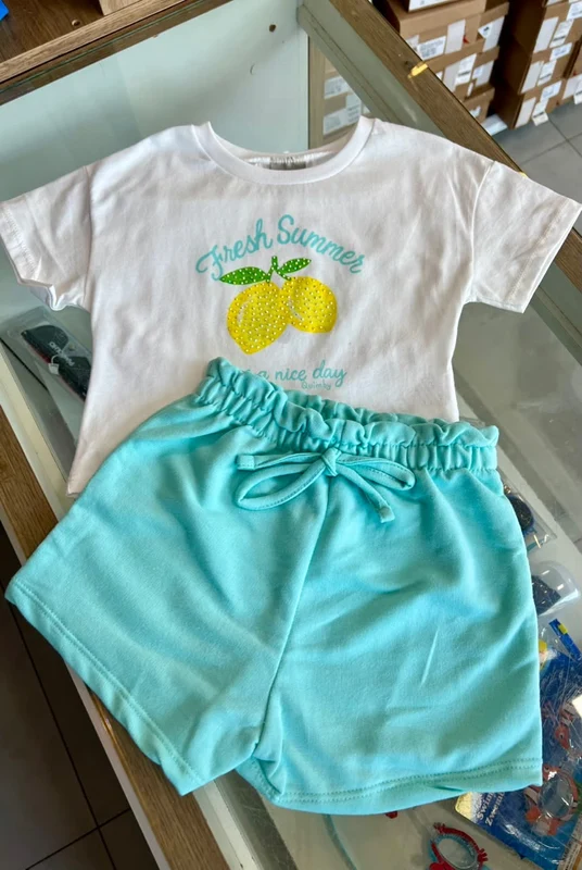 CONJUNTO BLUSA MANGA CURTA LIMÃO STRASS FRESH SUMMER E SHORT MOLETOM MENINA QUIMBY BRANCO/AZUL / 12