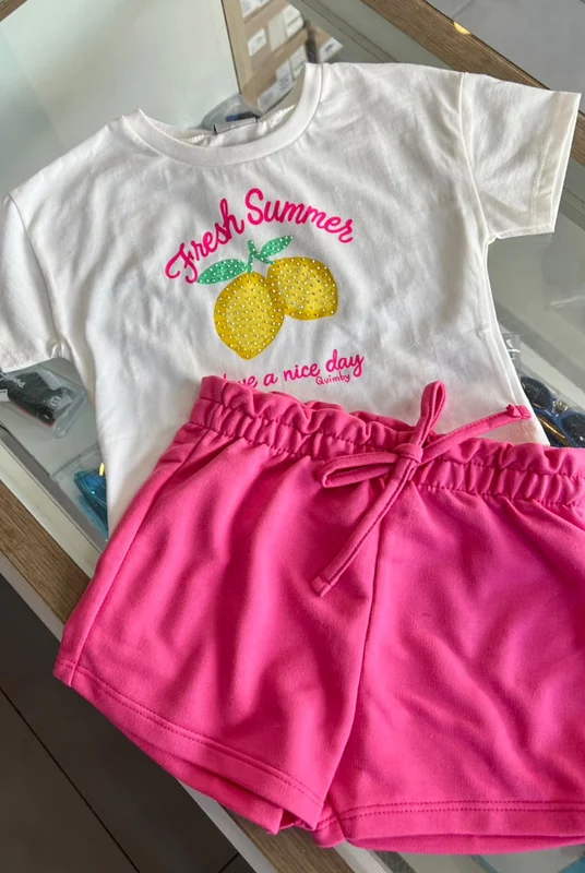 CONJUNTO BLUSA MANGA CURTA LIMÃO STRASS FRESH SUMMER E SHORT MOLETOM MENINA QUIMBY BRANCO/ROSA / 6