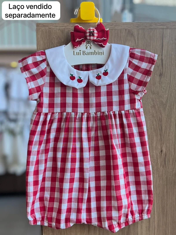 MACACÃO MACAQUINHO MANGA CURTA BORDADO CEREJA GOLA XADREZ MENINA UP BABY Vermelho / 9-12M