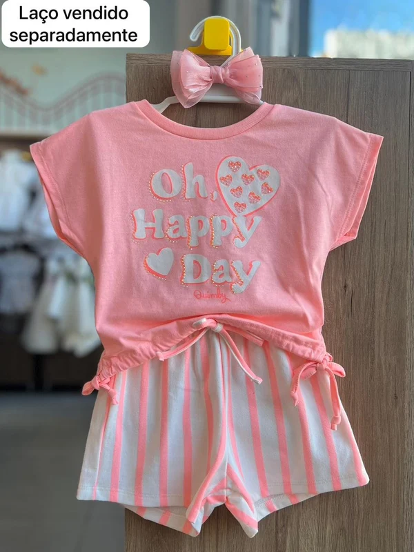 CONJUNTO BLUSA MANGA CURTA OH HAPPY STRASS CORAÇÕES E SHORT MOLETOM LISTRADO MENINA QUIMBY ROSA/OFF / 10