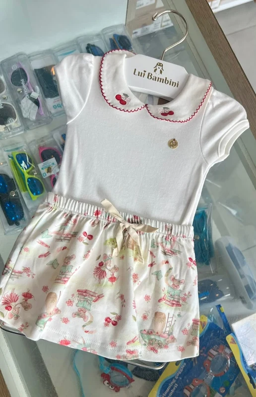 CONJUNTO BODY MANGA CURTA GOLA BORDADA CEREJAS E SAIA RATINHAS MENINA UP BABY OFF/VERMELHO / 6-9M