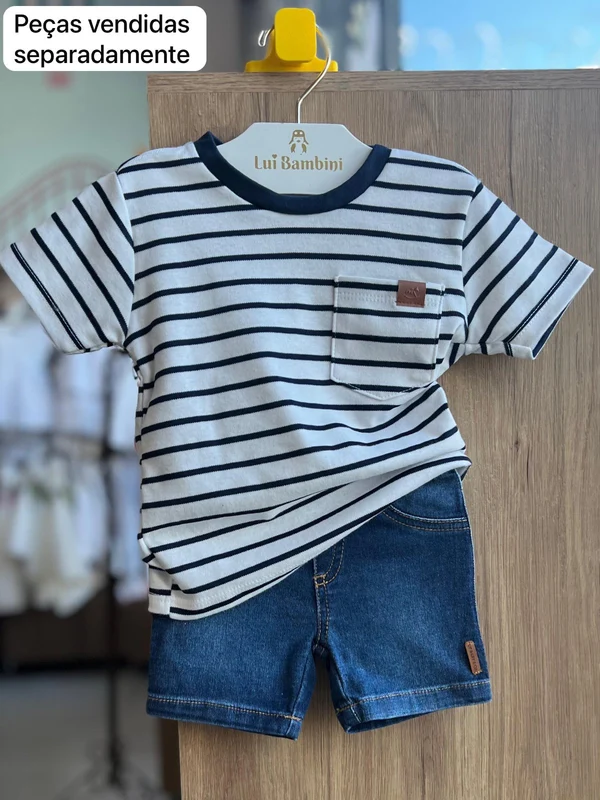 CAMISETA MANGA CURTA LISTRADA BOLSO SUEDINE MENINO UP BABY BRANCO/MARINHO / 6
