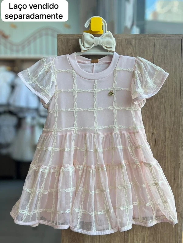 VESTIDO MANGA CURTA TULE QUADRICULADO BORDADO MINIMALISTA PINGENTE MENINA UP BABY ROSA CLARO / 6