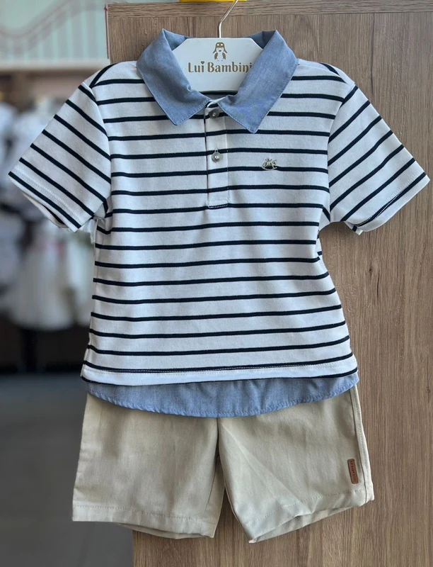 CONJUNTO CAMISA MANGA CURTA LISTRADA SUEDINE MINIMALISTA CAVALO BORDADO POLO E BERMUDA MENINO UP BABY BRANCO/BEGE / 3