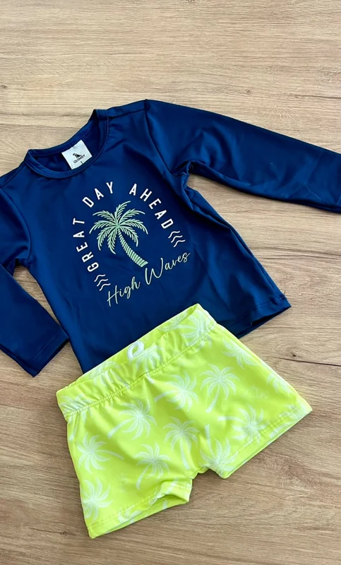 CONJUNTO CAMISETA MANGA LONGA GREAT DAY AHEAD E SUNGA BOXER COQUEIROS UV50+ MENINO QUIMBY Marinho/Verde Limão / 12