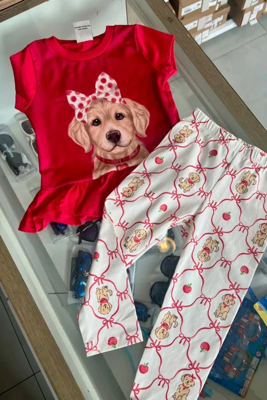 CONJUNTO BLUSA MANGA CURTA CACHORRINHOS LAÇOS E CALÇA LEGGING MAÇÃS MENINA QUIMBY VERMELHO/OFF / 1