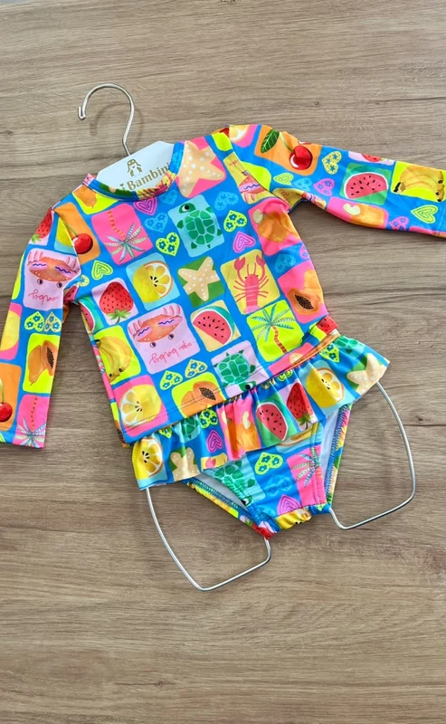 CONJUNTO BLUSA MANGA LONGA FRUTAS TROPICAIS E CALCINHA UV50+ MENINA UP BABY AZUL / 10