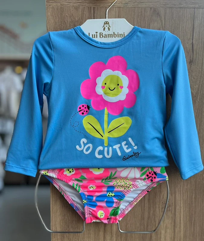 CONJUNTO BLUSA MANGA LONGA FLOR SMILE PROTEÇÃO UV50+ E CALCINHA MENINA QUIMBY AZUL / 14