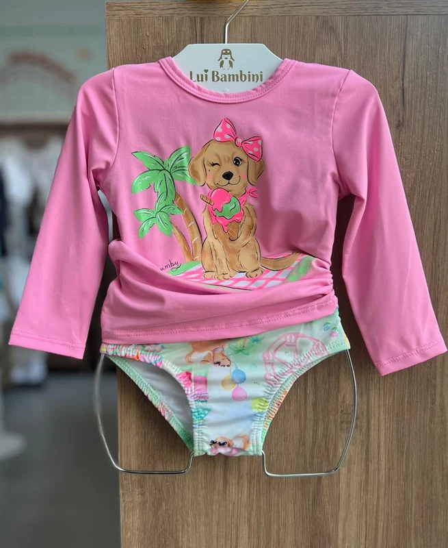CONJUNTO BLUSA MANGA LONGA CACHORRO PRAIA SORVETE PROTEÇÃO UV50+ E CALCINHA MENINA QUIMBY ROSA CLARO / 3
