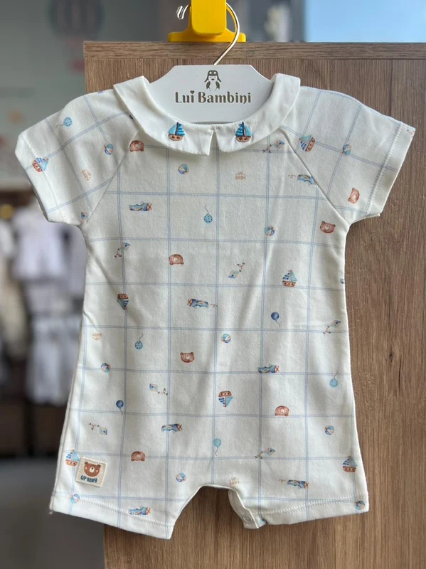 ROMPER MACACÃO MANGA CURTA XADREZ GOLA BORDADA BRINQUEDOS DE CRIANÇA MENINO UP BABY OFF/AZUL / 0-3M
