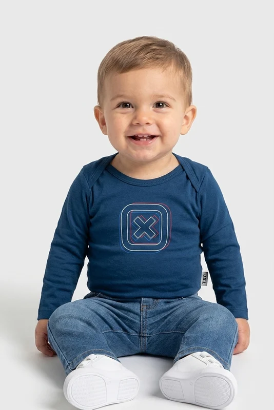 BODY ML REGULAR MEIA MALHA COTTON ESTAMP INFANTIL AZUL / 9M