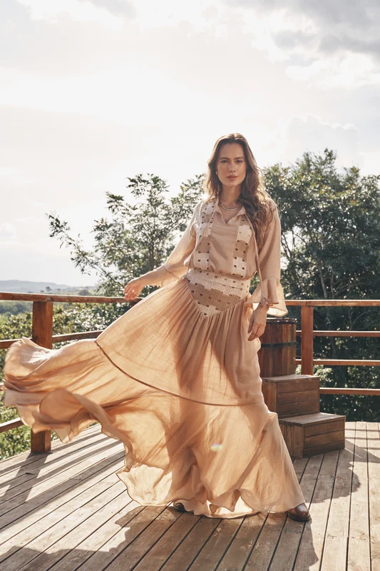 VESTIDO LONGO BABADO CREPE 40141V BEGE / GG