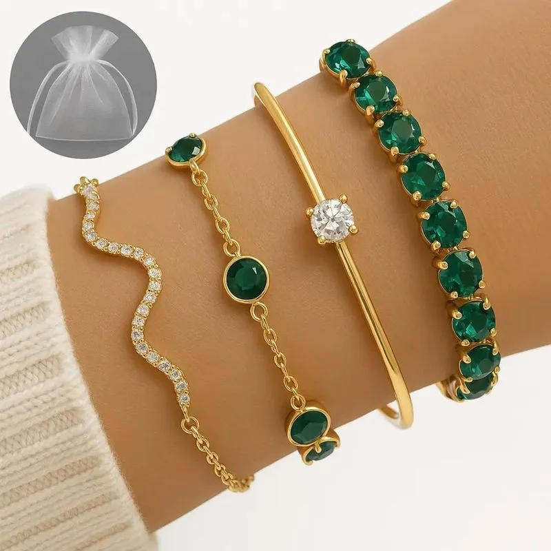 3x Conjunto 4 Peças Pulseira Bracelete Feminina Dourada E Ve