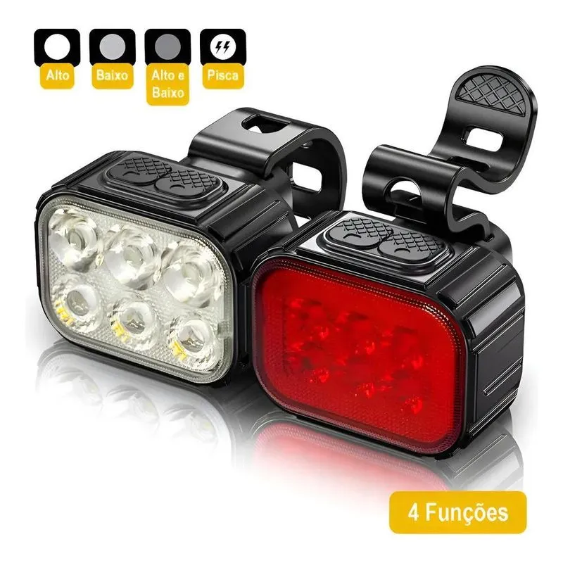 Kit Lanterna E Farol Bicicleta Potente 6 Leds Recarregável -