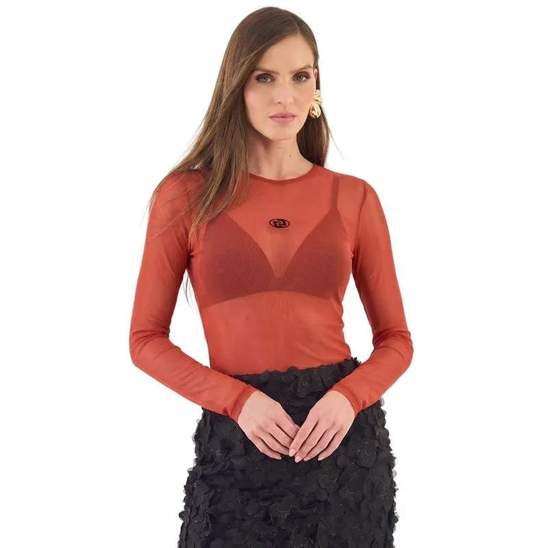 Blusa Colcci Slim Manga Longa Em Tule Marrom Bricklan Feminina P / Vermelho
