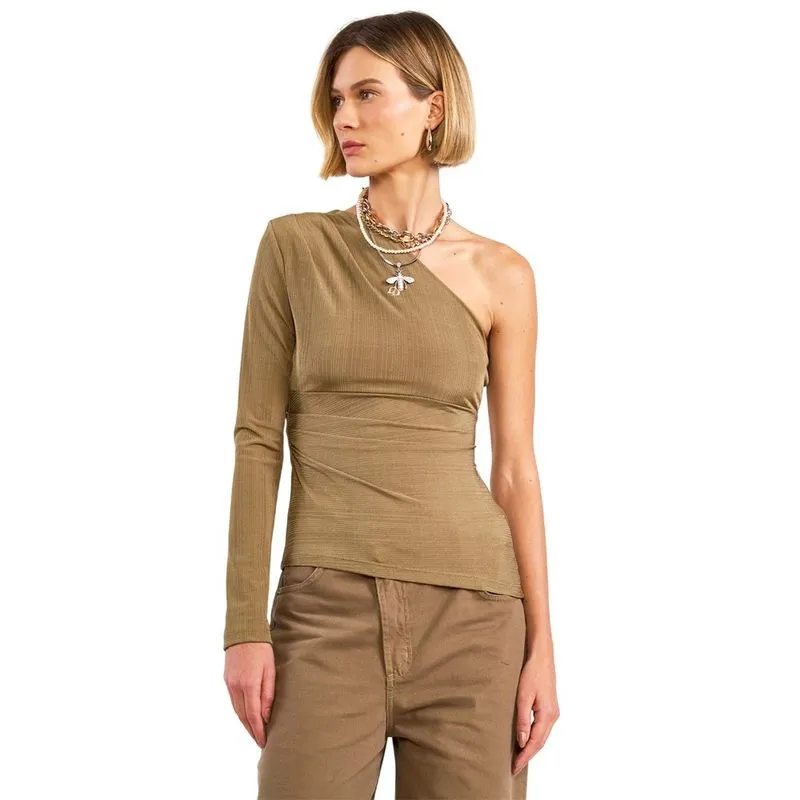 Blusa Colcci Ajustada Um Ombro Só Em Malha Canelada Bege Incenso Feminina P / Bege