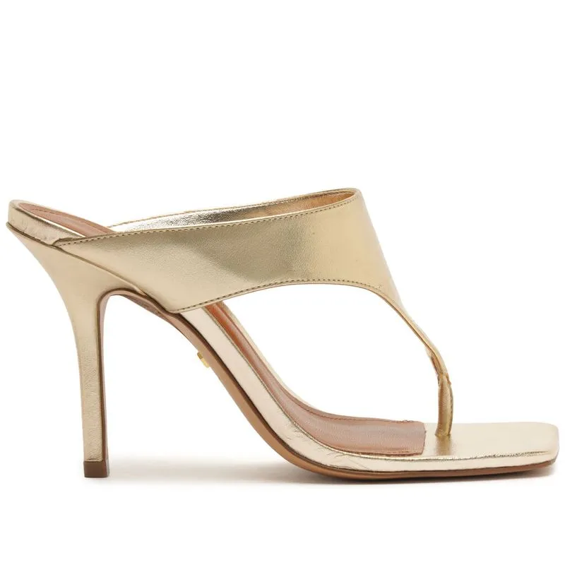 Sandália Arezzo Dourada Couro Salto Alto Tira Thong LEATHER MET - PLATINO - 35