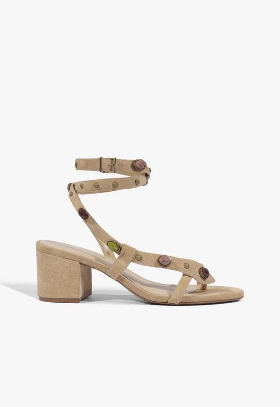 Cleo Beaded Leather Suede Sandal 6.5 / Light Wood / Suede