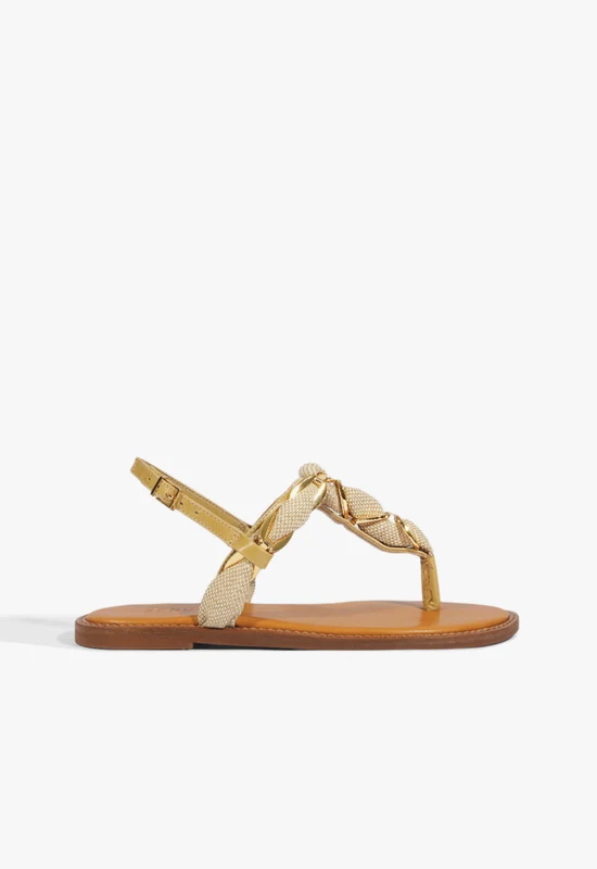 Camellia Linen Thong Flat Sandal 9.5 / Light Wood / Leather