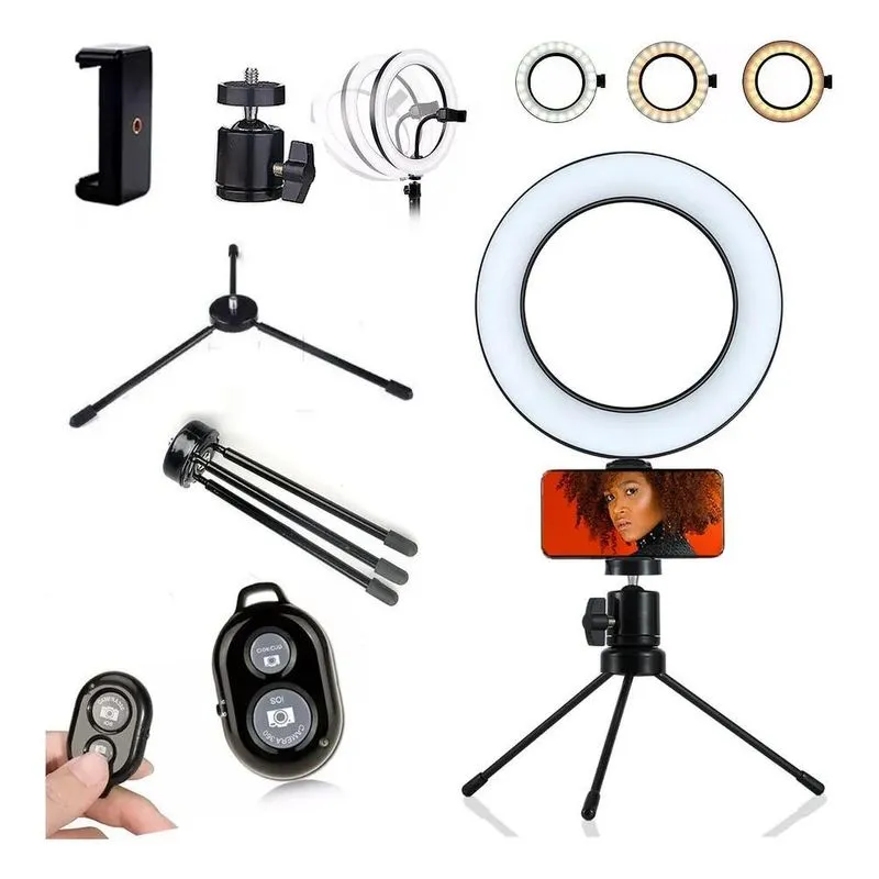 2x Ring Light Iluminador Led Selfie Tripé Mesa 16cm + Blueto