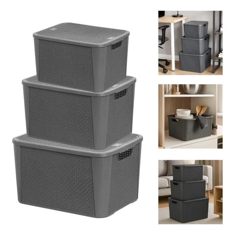 Kit 3 Caixas Organizadoras Tampa Rattan Retangular Cinza