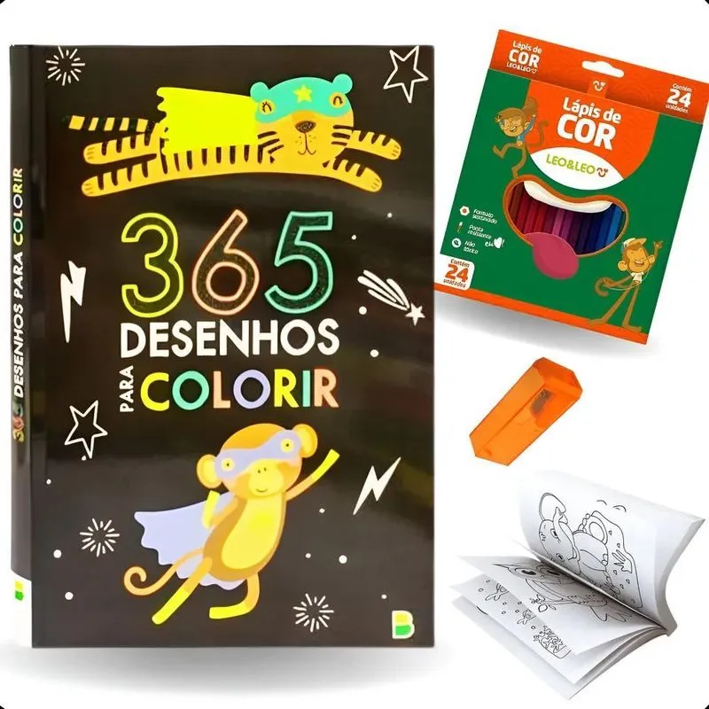 5x Kit Livro De Colorir 365 Desenhos + Lápis De Cor 24 Unid