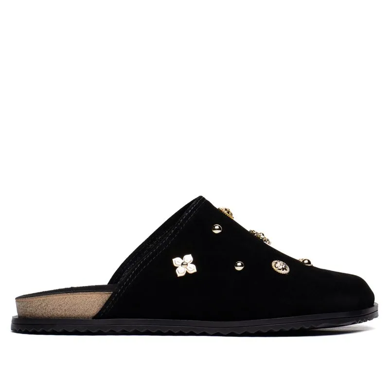 Mule Feminino Moleca Flatform Camurça Aplicações Preto - 38