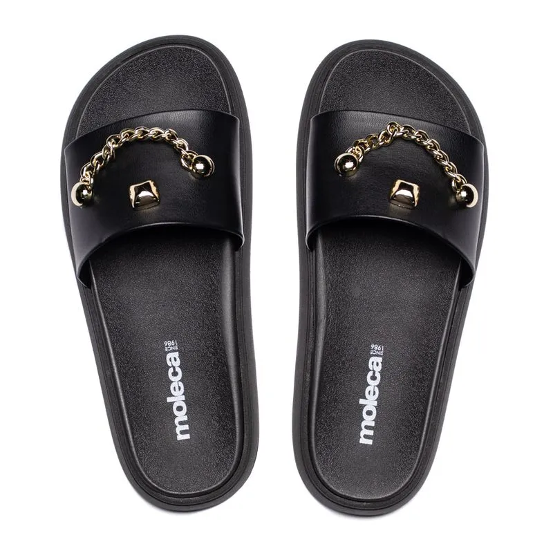 Chinelo Slide Feminino Moleca Flatform Detalhe Preto/Dourado - 37