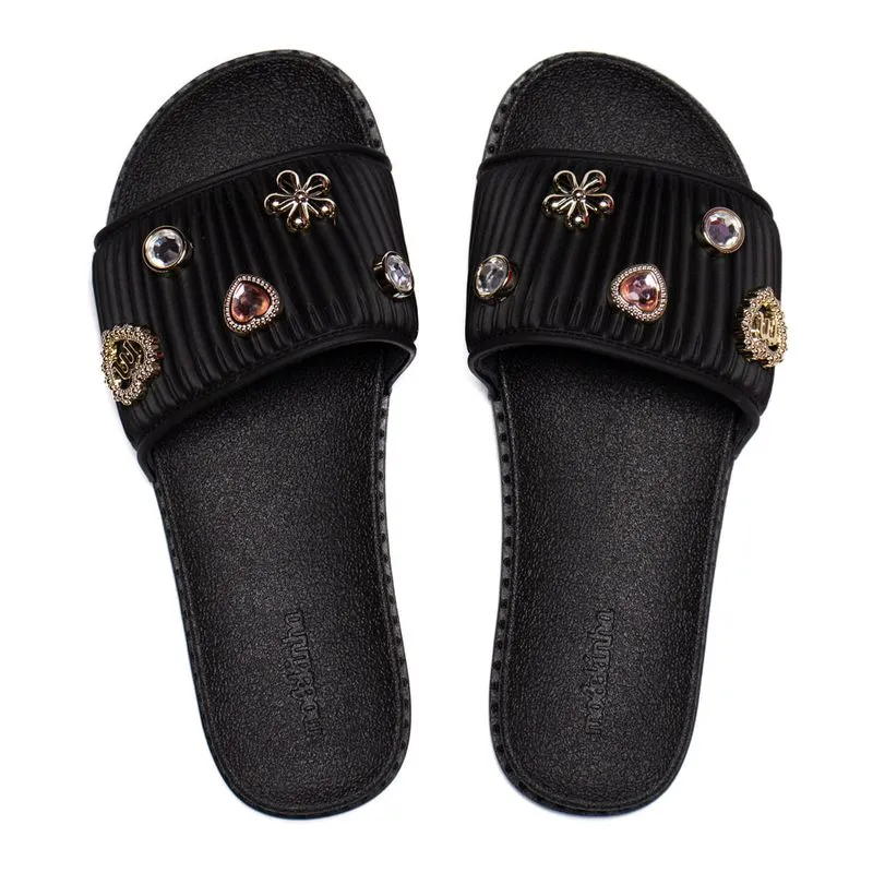 Chinelo Slide Infantil Molekinha Pins Removíveis Pvc Preto - 27