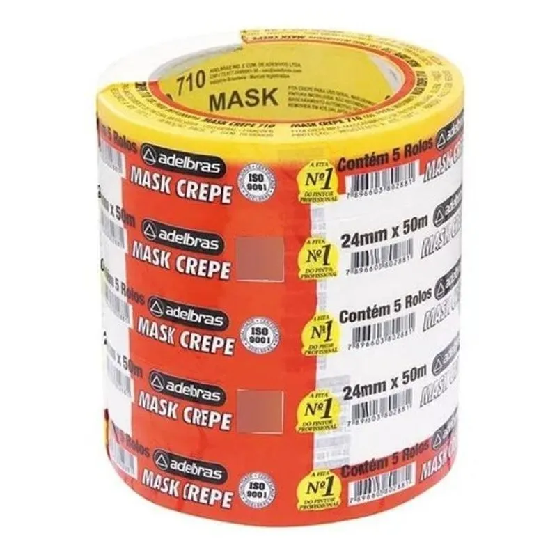 5x Adelbras Fita Crepe 24mm X 50m Kit 5 Rolos Uso Geral Pint