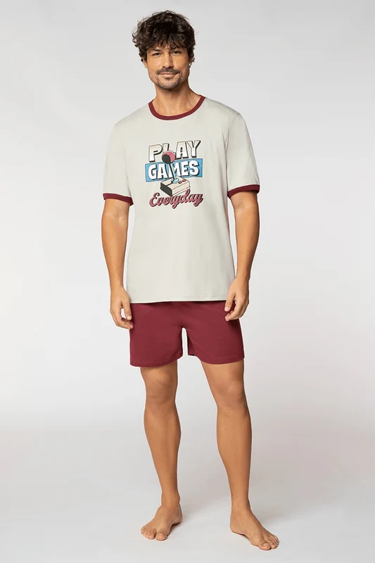 Pijama Curto Estampado Masculino Lupo Argila / G (44 a 46)