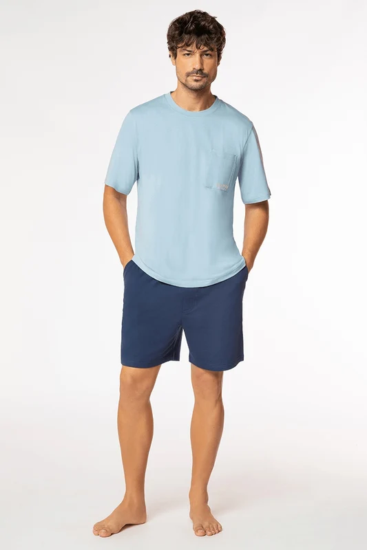 Pijama Curto Moletinho Masculino Lupo Azul Pastel / M (40 a 42)