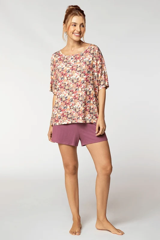 Pijama Curto Viscose Floral Feminino Lupo Marsala Retro / M (40 a 42)