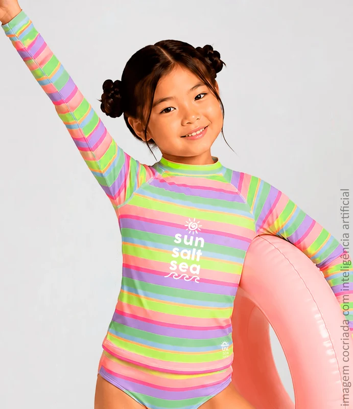 T-Shirt Kids UV Protection Listras Chiclete/Menta / 04 anos