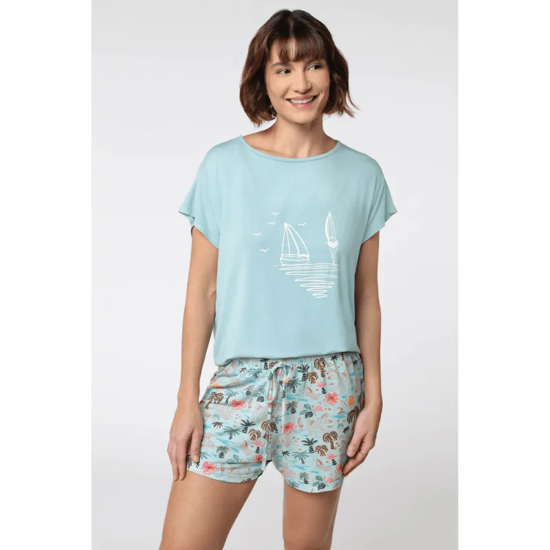 Pijama Curto Tropical Feminino Lupo Tamanho: G (44 a 46) | Cor: Azul Nevoa