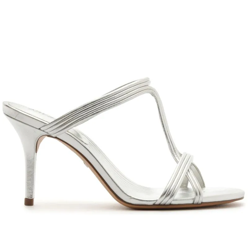 Sandália Arezzo Prateada Salto Fino Tiras Textura ECO METAL F - SILVER - 38