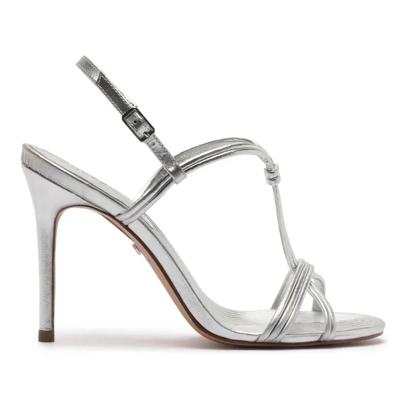 Sandália Arezzo Prata Salto Alto Fino Tiras Textura ECO METAL F - SILVER - 33